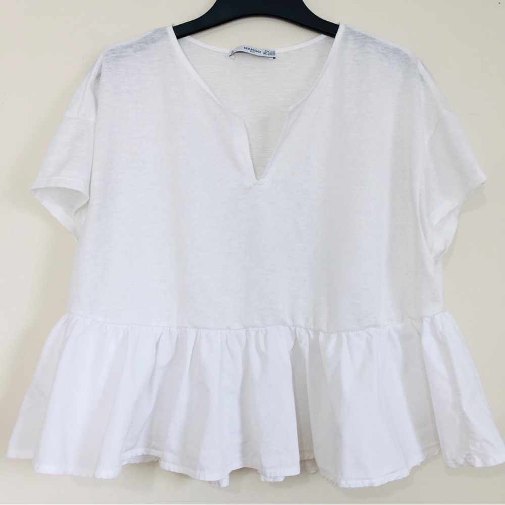 Mango Y2K Boho Oversize White Peplum Ruffle Hem Cropped Short Sleeve Preppy Top